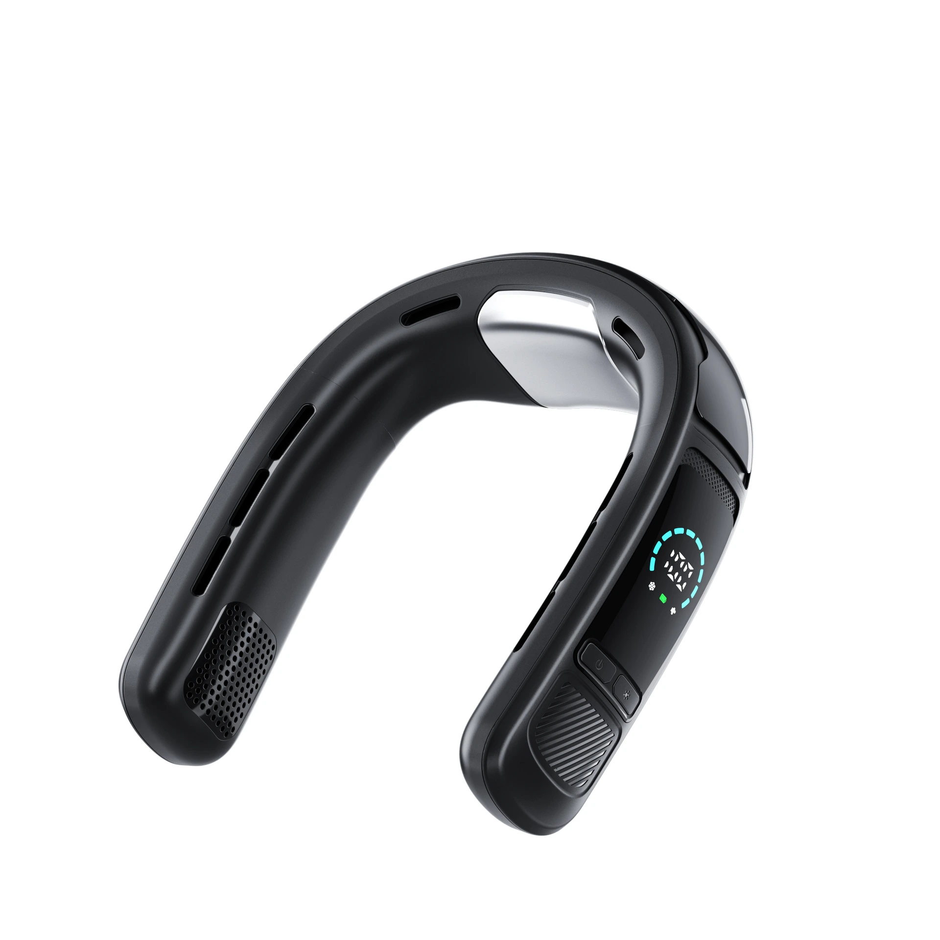 Real product photo of a portable neck fan showing overall shape, vents, and wearing design
